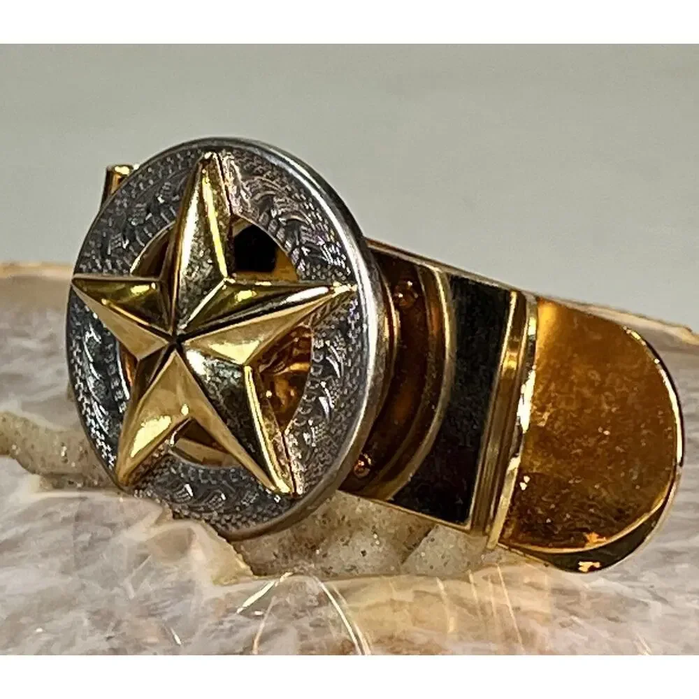 Texas Lone Star Gold Tone Money Clip Western Engraved Round Medallion